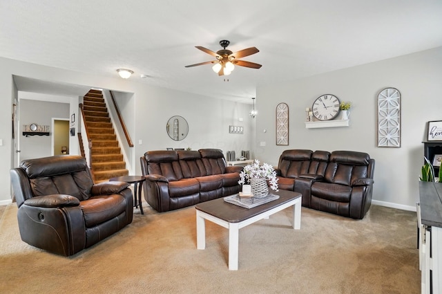 459 Wingate Pl, Mount Sterling, OH 43143 - carpeted living area with a ceiling fan, stairway, and baseboards
