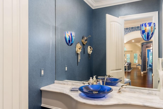 14 Lyonsgate Rd, Bexley, OH 43209 - bathroom with ornamental molding, wood finished floors, and vanity