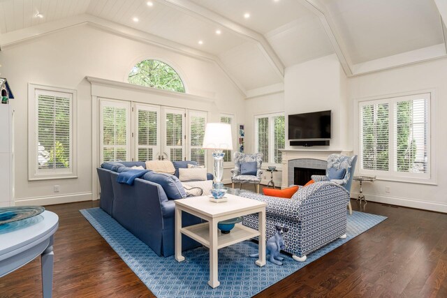 14 Lyonsgate Rd, Bexley, OH 43209 - living room featuring baseboards, dark wood finished floors, a brick fireplace, recessed lighting, and high vaulted ceiling