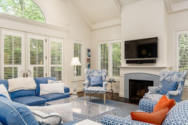 14 Lyonsgate Rd, Bexley, OH 43209 - living room featuring high vaulted ceiling, wood finished floors, a fireplace, and plenty of natural light