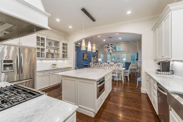 14 Lyonsgate Rd, Bexley, OH 43209 - kitchen with stainless steel appliances, arched walkways, crown molding, tasteful backsplash, and open shelves