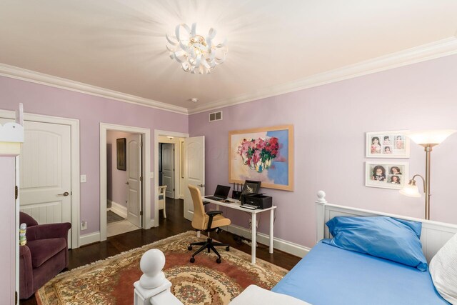 14 Lyonsgate Rd, Bexley, OH 43209 - bedroom with wood finished floors, ornamental molding, baseboards, an office area, and a chandelier