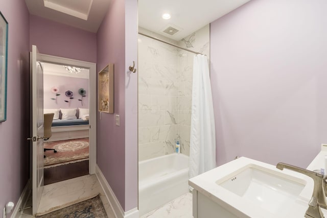 14 Lyonsgate Rd, Bexley, OH 43209 - ensuite bathroom with marble finish floors, baseboards, shower / tub combo, and vanity