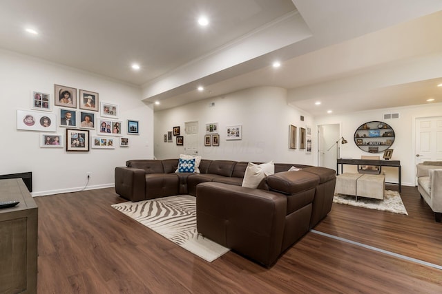 14 Lyonsgate Rd, Bexley, OH 43209 - living area with ornamental molding, dark wood-style floors, recessed lighting, and baseboards