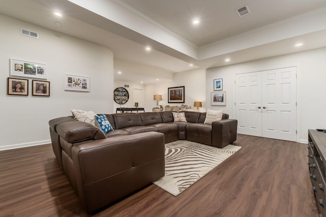 14 Lyonsgate Rd, Bexley, OH 43209 - living room with crown molding, dark wood-style flooring, recessed lighting, and baseboards