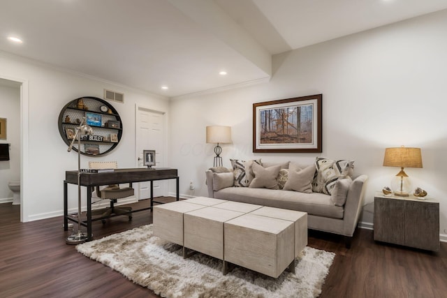 14 Lyonsgate Rd, Bexley, OH 43209 - living area featuring dark wood finished floors, recessed lighting, baseboards, and ornamental molding