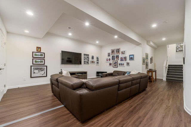 14 Lyonsgate Rd, Bexley, OH 43209 - living area featuring dark wood-type flooring, stairs, baseboards, and recessed lighting