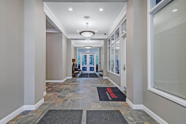 925 Ingleside Ave Unit 213, Columbus, OH 43215 - hallway featuring stone tile floors, ornamental molding, baseboards, french doors, and recessed lighting