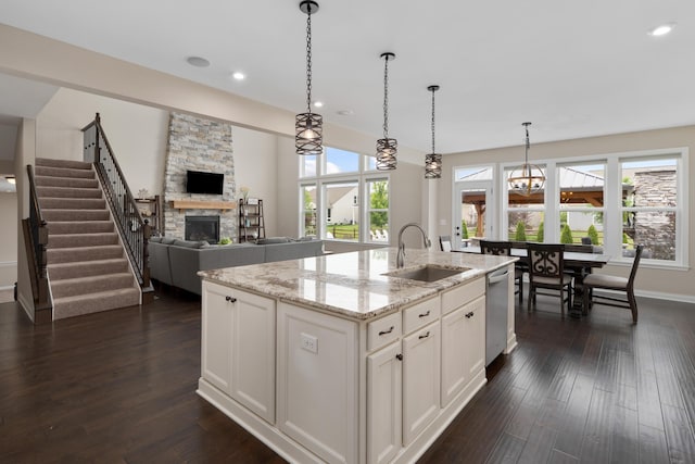 3669 Audubon Ave, Hilliard, OH 43026 - kitchen with a sink, stainless steel dishwasher, a stone fireplace, plenty of natural light, and recessed lighting