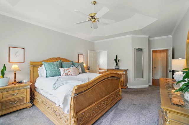 9146 Shawnee Trl, Powell, OH 43065 - carpeted bedroom with crown molding, a raised ceiling, baseboards, and ceiling fan