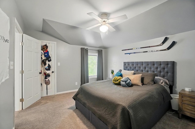 9146 Shawnee Trl, Powell, OH 43065 - carpeted bedroom featuring ceiling fan, lofted ceiling, and baseboards