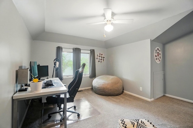 9146 Shawnee Trl, Powell, OH 43065 - carpeted home office with a ceiling fan and baseboards