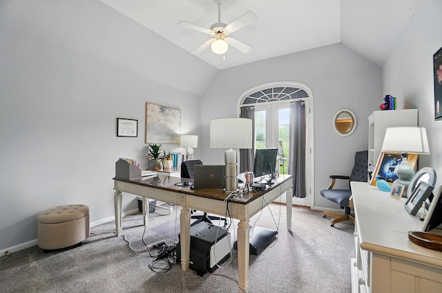 9146 Shawnee Trl, Powell, OH 43065 - office with lofted ceiling, light colored carpet, ceiling fan, and baseboards