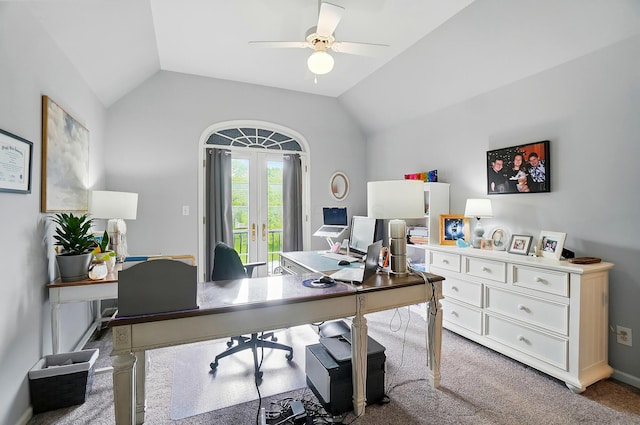 9146 Shawnee Trl, Powell, OH 43065 - office featuring a ceiling fan, lofted ceiling, carpet flooring, french doors, and baseboards