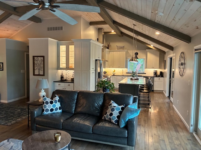 7326 State Route 19 Unit 2, Lots 27-30, Mount Gilead, OH 43338 - living room with a ceiling fan, dark wood-type flooring, wooden ceiling with exposed beams, baseboards, and high vaulted ceiling