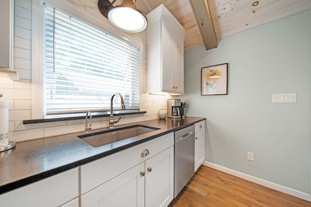 7326 State Route 19 Unit 2, Lots 27-30, Mount Gilead, OH 43338 - kitchen featuring stainless steel dishwasher, a wood ceiling with exposed beams, dark countertops, tasteful backsplash, and light wood finished floors