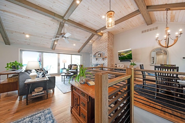 7326 State Route 19 Unit 2, Lots 27-30, Mount Gilead, OH 43338 - interior space with wooden ceiling, a chandelier, hardwood / wood-style flooring, a ceiling fan, and decorative light fixtures
