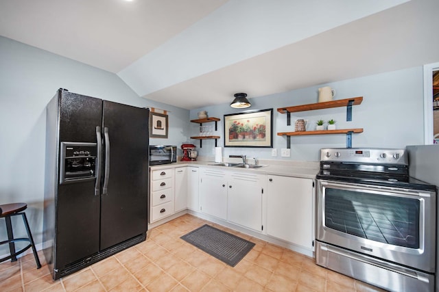 7326 State Route 19 Unit 2, Lots 27-30, Mount Gilead, OH 43338 - kitchen with black refrigerator with ice dispenser, electric range, open shelves, light countertops, and lofted ceiling