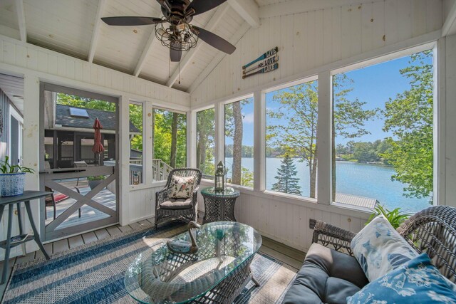 7326 State Route 19 Unit 2, Lots 27-30, Mount Gilead, OH 43338 - sunroom / solarium with a water view, a ceiling fan, and plenty of natural light