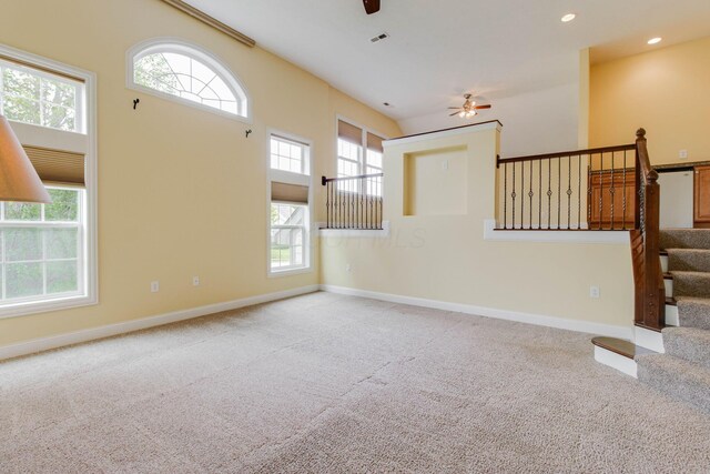2898 Braden Way, Blacklick, OH 43004 - unfurnished living room with a ceiling fan, carpet, healthy amount of natural light, stairs, and recessed lighting