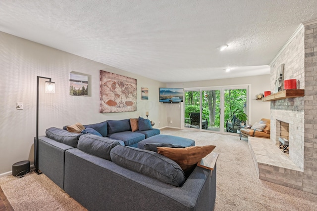 3137 Griggsview Ct Unit 3137, Columbus, OH 43221 - carpeted living room with a brick fireplace, a textured ceiling, and baseboards