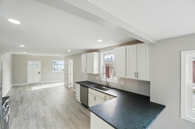 4881 Decker Ave NE, Thornville, OH 43076 - kitchen featuring stainless steel dishwasher, a sink, dark countertops, white cabinetry, and recessed lighting