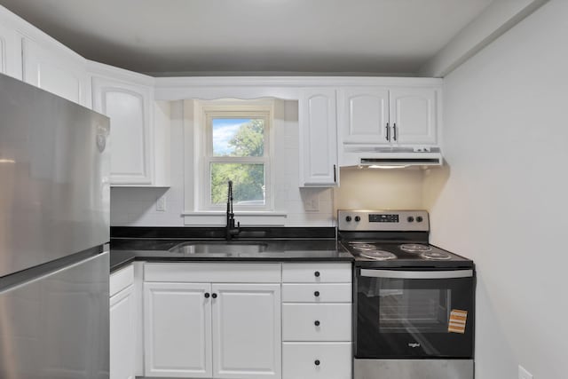 800 S Detroit St, Bellefontaine, OH 43311 - kitchen with appliances with stainless steel finishes, under cabinet range hood, a sink, and white cabinetry