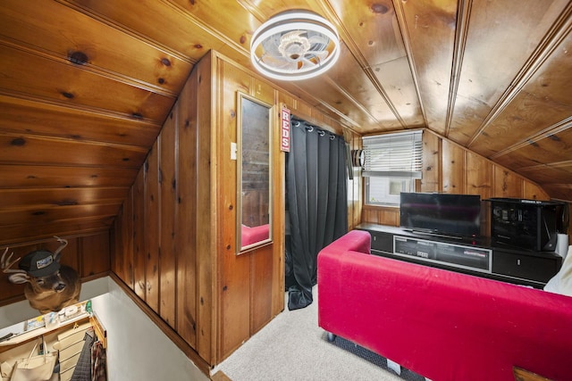 2107 Radnor Ave, Columbus, OH 43224 - additional living space with vaulted ceiling, wooden walls, carpet flooring, and wooden ceiling