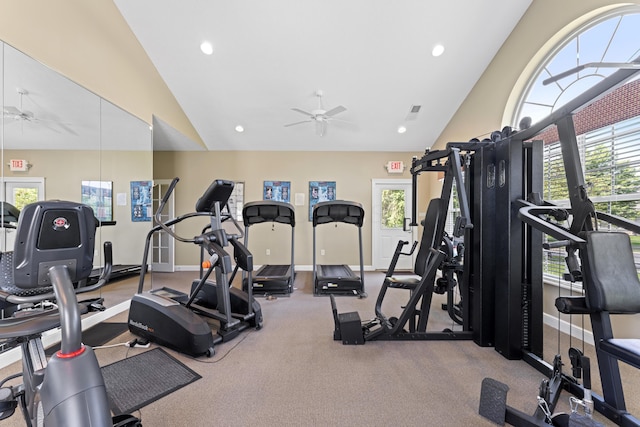 200 Jamie Lynn Cir, Pickerington, OH 43147 - gym featuring a ceiling fan, high vaulted ceiling, baseboards, and recessed lighting