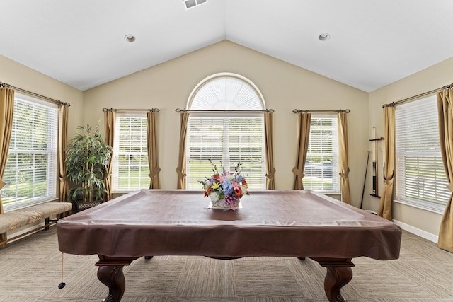 200 Jamie Lynn Cir, Pickerington, OH 43147 - playroom featuring billiards table, vaulted ceiling, carpet flooring, baseboards, and recessed lighting