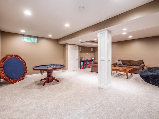 6810 Bearclover Dr, Dublin, OH 43016 - game room with light colored carpet, recessed lighting, and baseboards