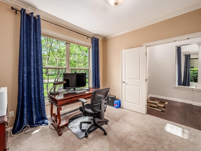 6810 Bearclover Dr, Dublin, OH 43016 - office area with crown molding, carpet flooring, and baseboards