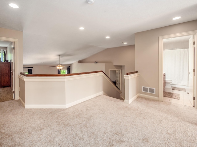 6810 Bearclover Dr, Dublin, OH 43016 - hall featuring an upstairs landing, carpet flooring, recessed lighting, lofted ceiling, and baseboards