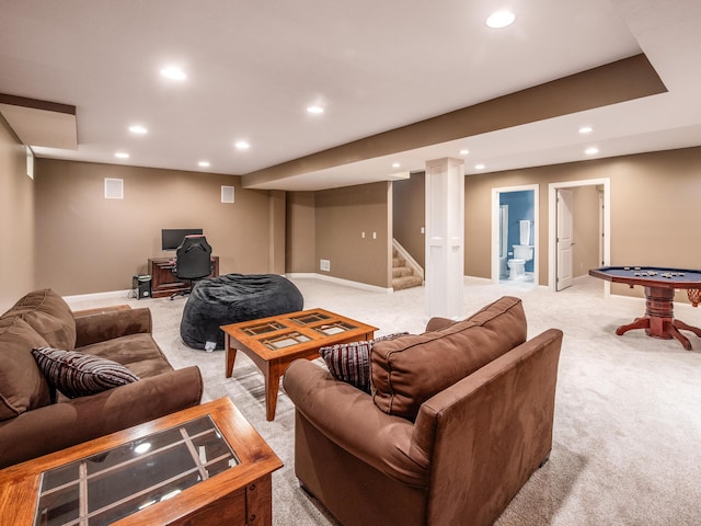 6810 Bearclover Dr, Dublin, OH 43016 - living area featuring recessed lighting, light carpet, stairs, baseboards, and an office area