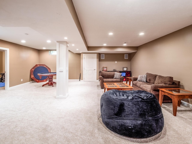 6810 Bearclover Dr, Dublin, OH 43016 - living room featuring light colored carpet, recessed lighting, and baseboards
