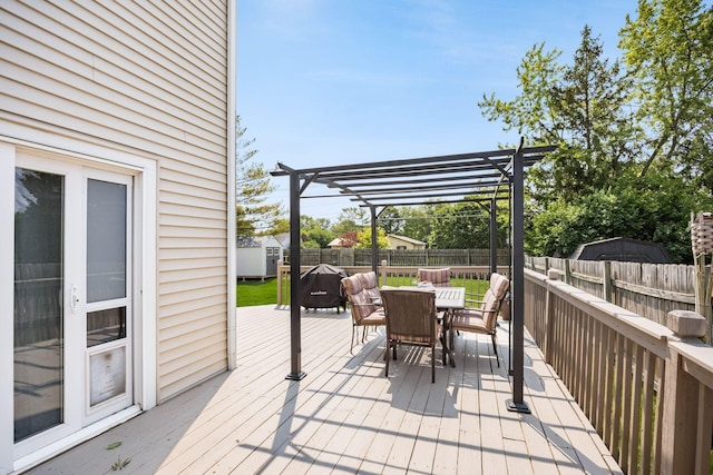 5999 Waterview Dr, Hilliard, OH 43026 - wooden terrace with outdoor dining space, a fenced backyard, and a pergola
