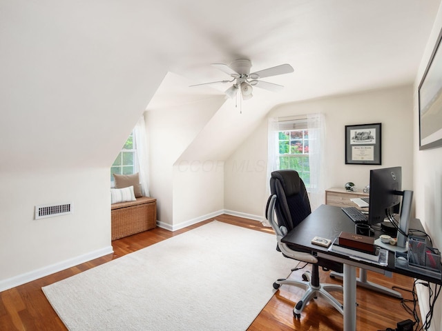 2805 Brandon Rd, Upper Arlington, OH 43221 - office featuring a ceiling fan, wood finished floors, baseboards, and lofted ceiling