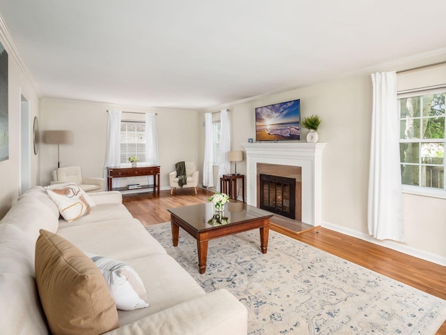 2805 Brandon Rd, Upper Arlington, OH 43221 - living room featuring wood finished floors, crown molding, a fireplace with flush hearth, and baseboards