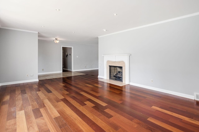 337 Naiche Ct, Columbus, OH 43213 - unfurnished living room featuring crown molding, a high end fireplace, wood finished floors, and recessed lighting