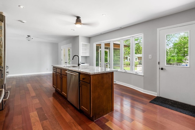 337 Naiche Ct, Columbus, OH 43213 - kitchen featuring stainless steel dishwasher, a ceiling fan, dark wood finished floors, and light stone countertops