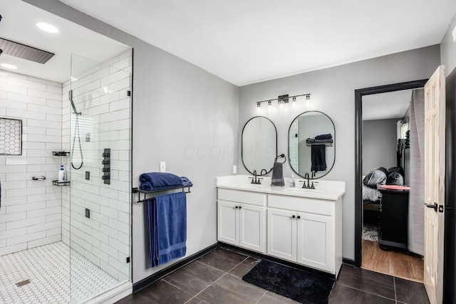 2174 Peachblow Rd, Lewis Center, OH 43035 - full bathroom featuring a shower stall, double vanity, baseboards, tile patterned flooring, and recessed lighting