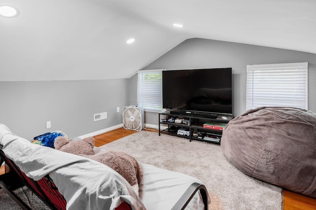 2174 Peachblow Rd, Lewis Center, OH 43035 - living room featuring vaulted ceiling, wood finished floors, recessed lighting, and baseboards