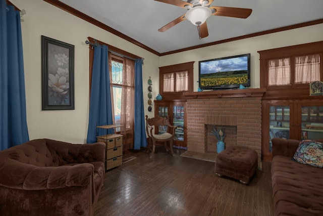 132 Orange St, Galion, OH 44833 - living room featuring hardwood / wood-style floors, a ceiling fan, a fireplace, and ornamental molding