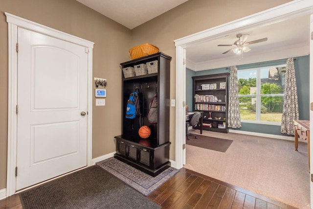 340 Olentangy W, Delaware, OH 43015 - mudroom featuring a ceiling fan, baseboards, dark wood finished floors, and ornamental molding