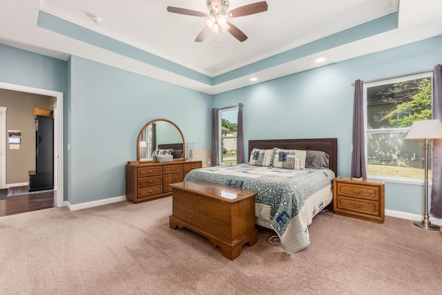340 Olentangy W, Delaware, OH 43015 - bedroom featuring ornamental molding, carpet floors, a tray ceiling, baseboards, and recessed lighting