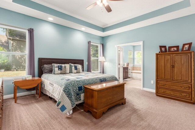 340 Olentangy W, Delaware, OH 43015 - bedroom with light colored carpet, crown molding, recessed lighting, baseboards, and ceiling fan