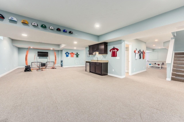 340 Olentangy W, Delaware, OH 43015 - rec room featuring bar with sink, light colored carpet, baseboards, and recessed lighting