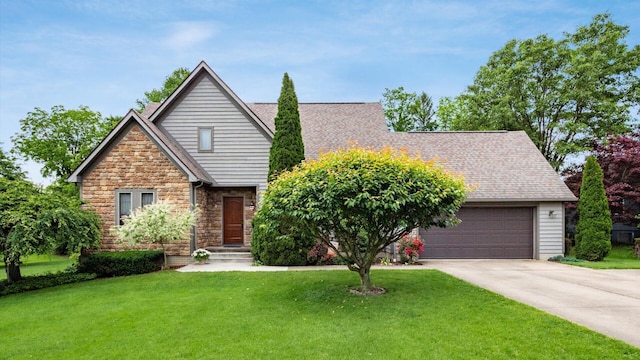 102 Sequoia Dr, Byesville, OH 43723 - view of front facade featuring stone siding, a front yard, concrete driveway, and a shingled roof