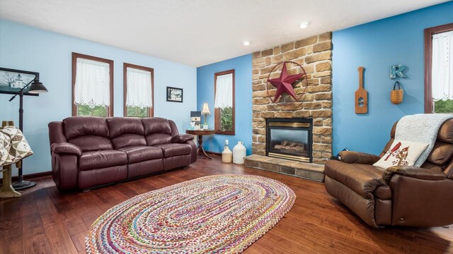 102 Sequoia Dr, Byesville, OH 43723 - living area with a large fireplace, hardwood / wood-style floors, and recessed lighting
