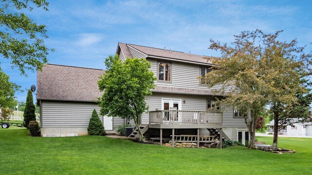 102 Sequoia Dr, Byesville, OH 43723 - rear view of property featuring stairs, a deck, a lawn, and a shingled roof